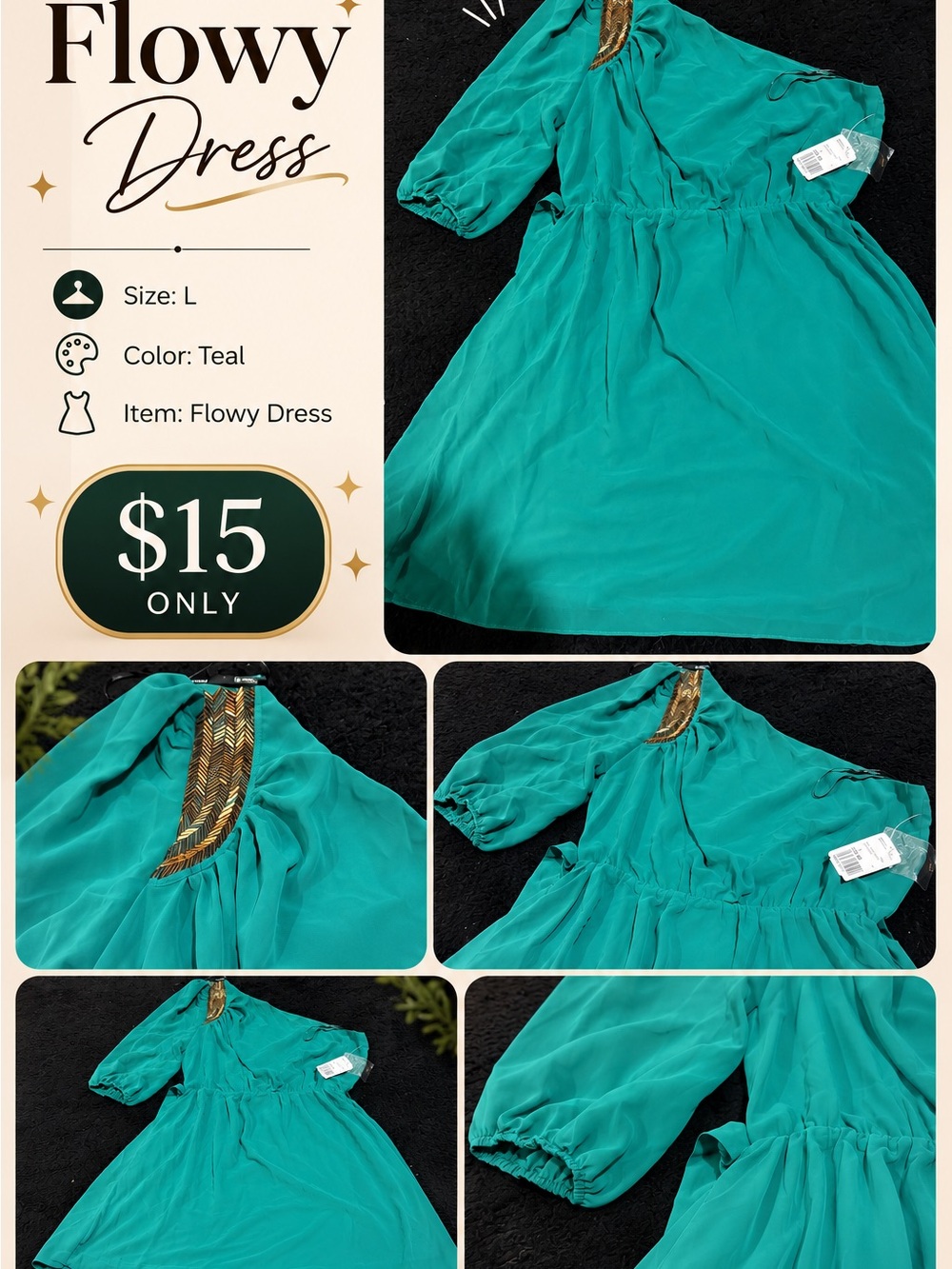 Girls' Teal Flowy Dress with Gold Accent